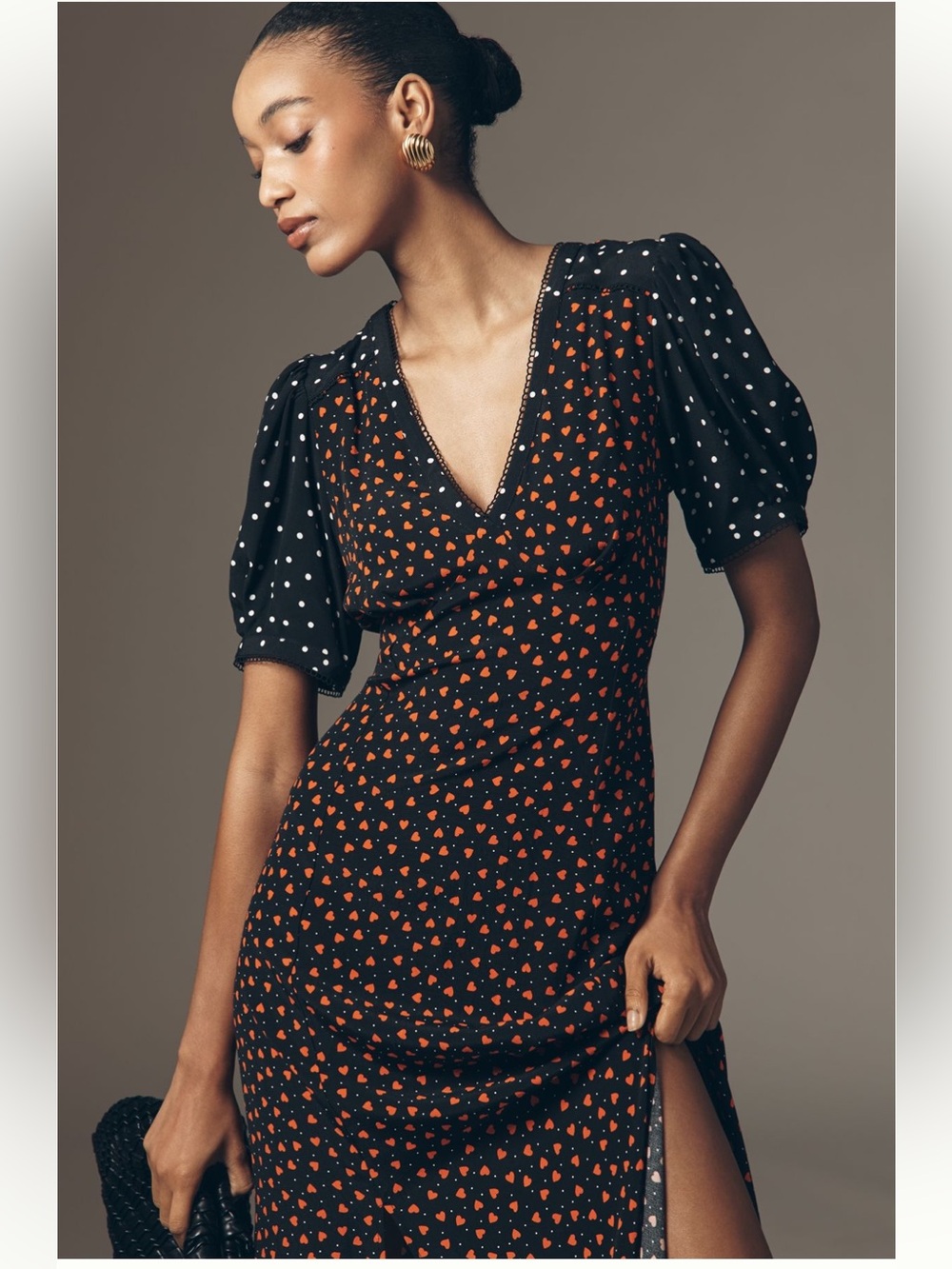 NWT Maeve Black Dress with Red Heart Print and Polka Dot Puff Sleeves - Picture 2 of 8